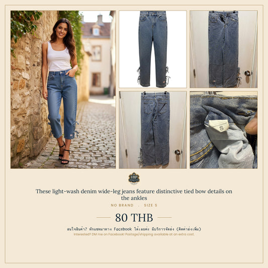Light-Wash Denim Wide-Leg Bow-Tie Ankle Jeans — Playful Denim Detailing — No Label