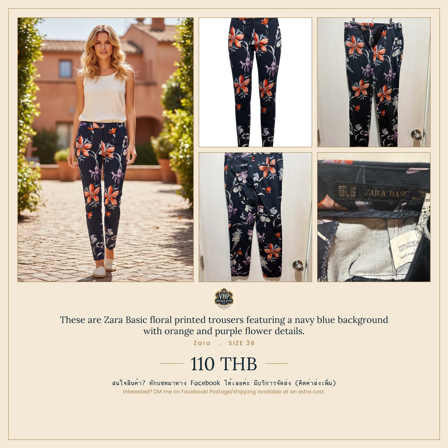 Zara Basic Navy Floral Print Trousers 36