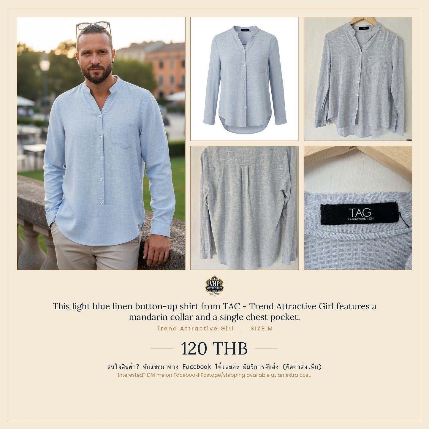 Light Blue Linen Mandarin Collar Shirt — TAC Trend Attractive Girl