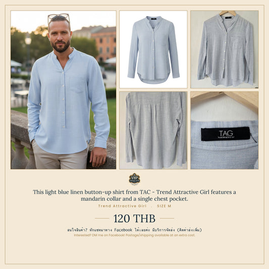 Light Blue Linen Mandarin Collar Shirt — TAC Trend Attractive Girl