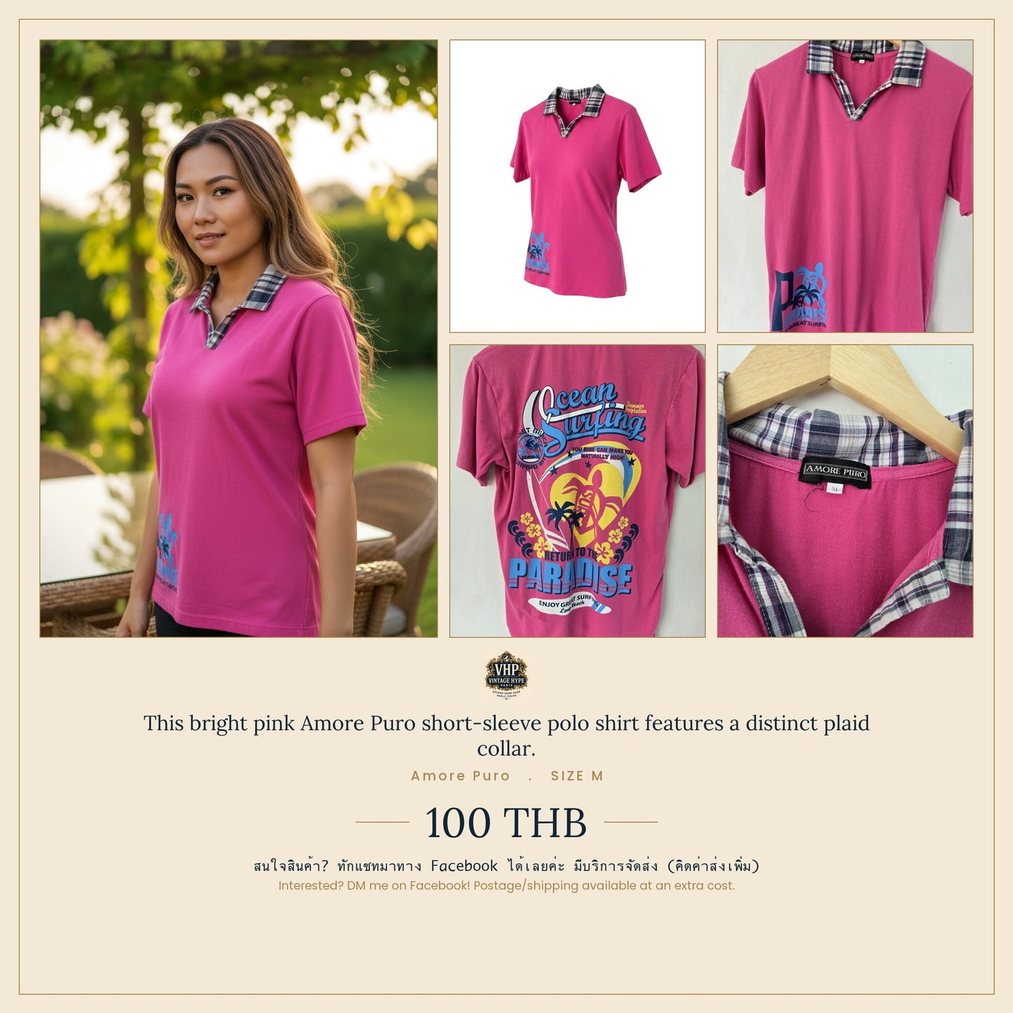 Pink Short-Sleeve Polo Shirt — Plaid Collar — Amore Puro