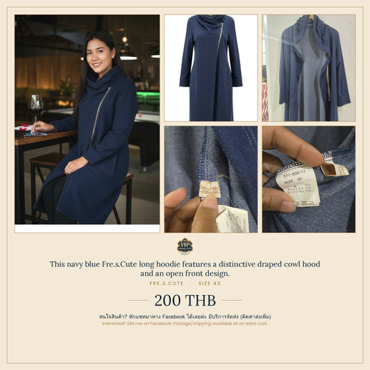 Navy Blue Long Hoodie — Draped Cowl Hood — Fre.s.Cute