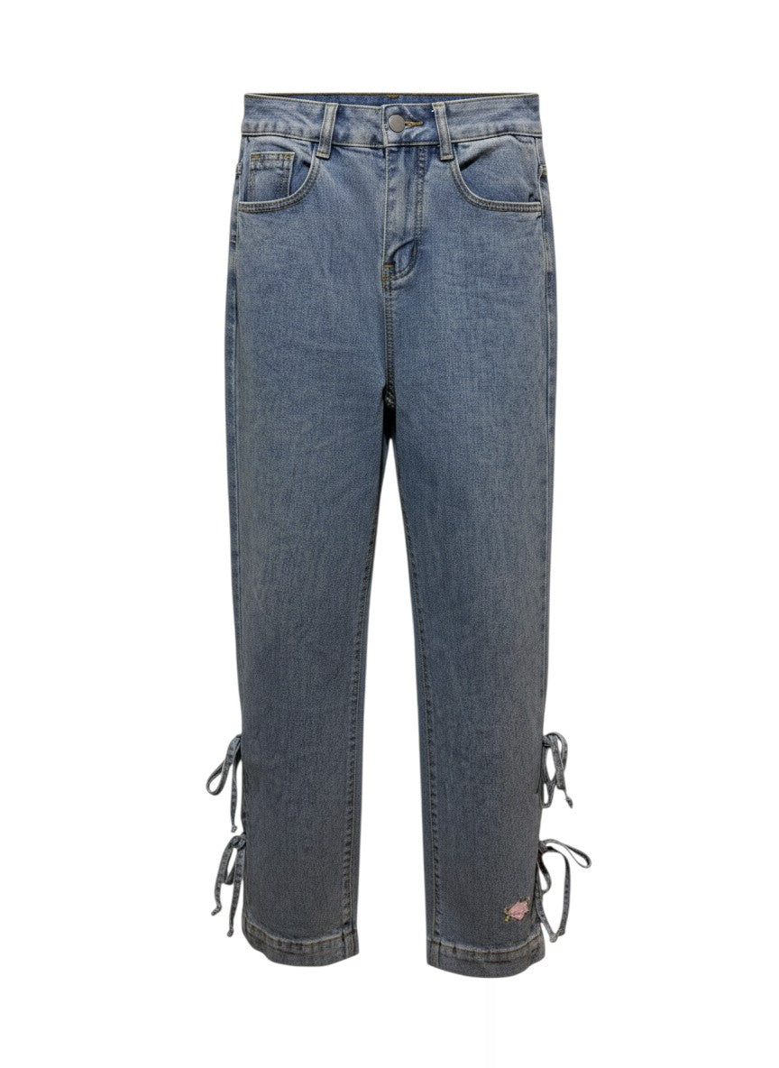 No Brand Light-Wash Denim Wide-Leg Bow-Tie Ankle Jeans S