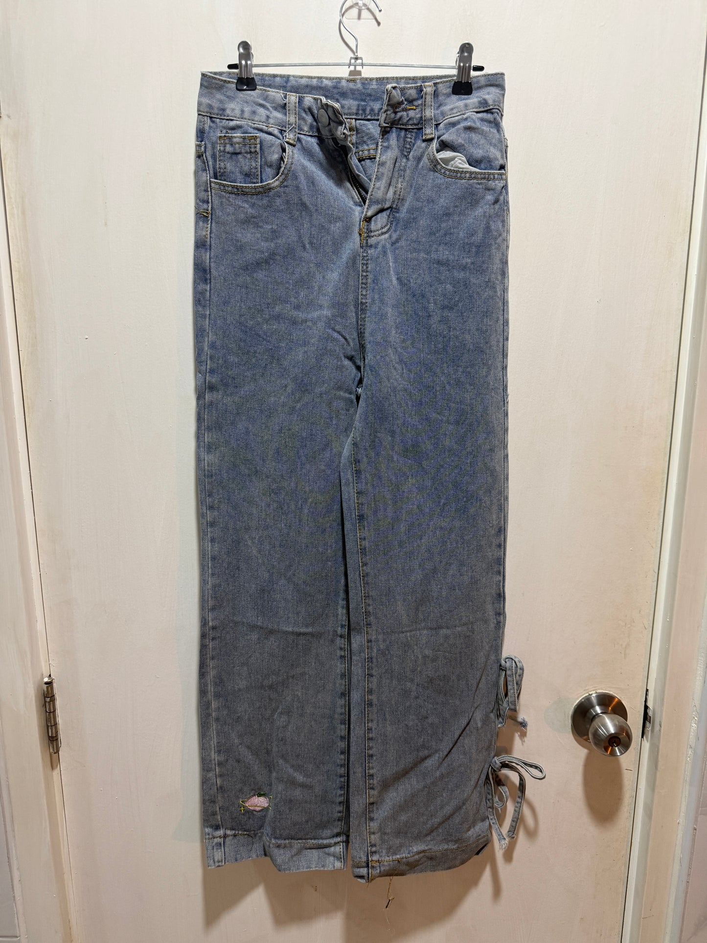 No Brand Light-Wash Denim Wide-Leg Bow-Tie Ankle Jeans S