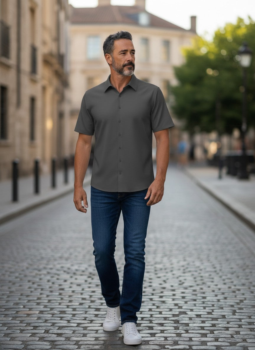 Black Short-Sleeve Button-Up Shirt — Slim Classic Collar — F&F