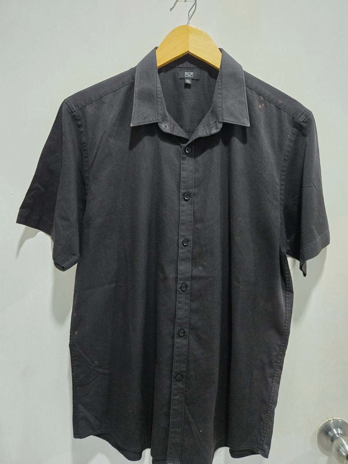 Black Short-Sleeve Button-Up Shirt — Slim Classic Collar — F&F