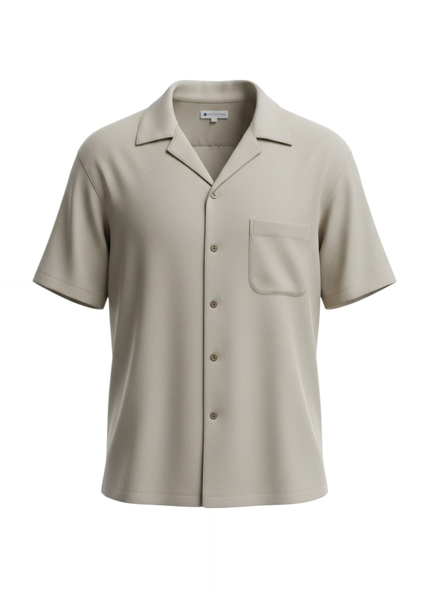 Beige Camp Collar Short-Sleeve Shirt — Vintage Open Collar — Restoration