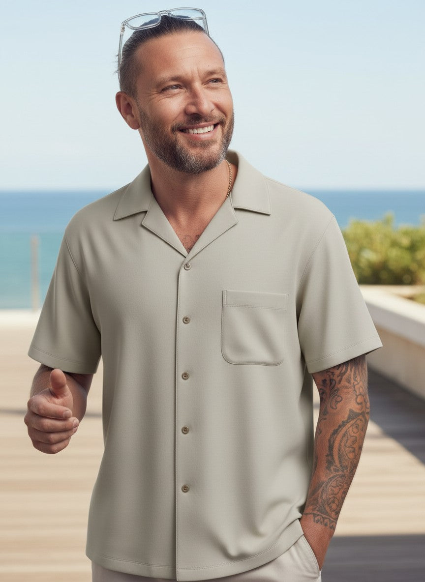 Beige Camp Collar Short-Sleeve Shirt — Vintage Open Collar — Restoration