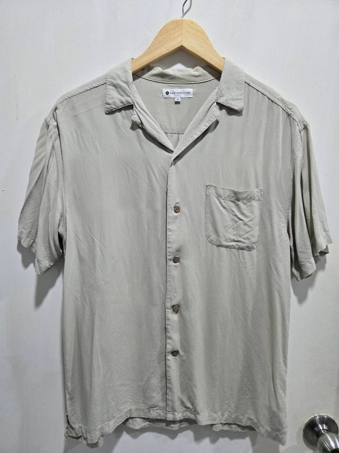 Beige Camp Collar Short-Sleeve Shirt — Vintage Open Collar — Restoration