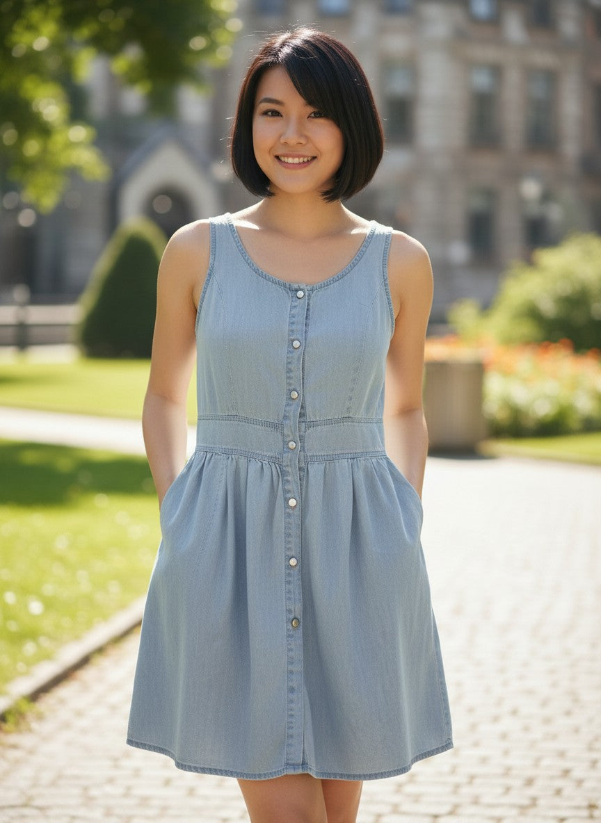 Light Blue Sleeveless Button-Up Denim Dress — Open Back — No Label